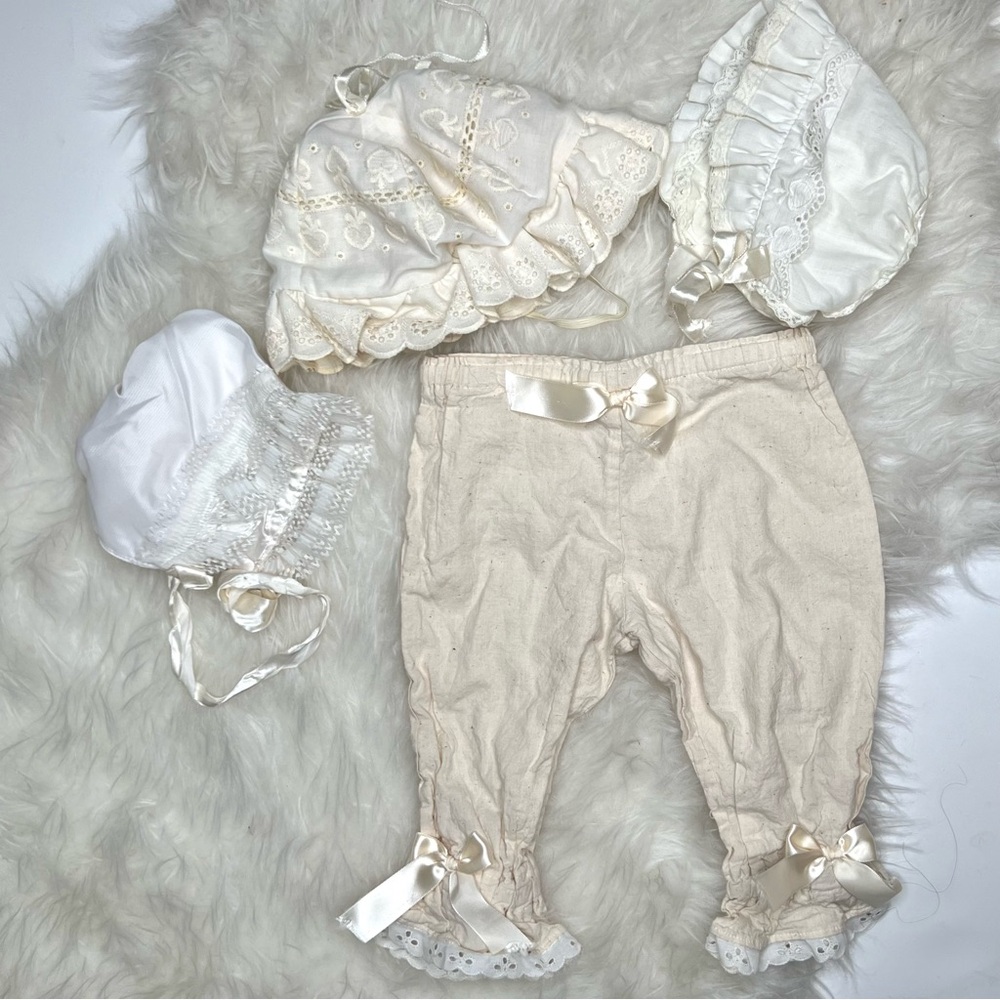 Vintage Cotton Bloomer Pants, 2 Bonnet Hats & 1 Sun Hat